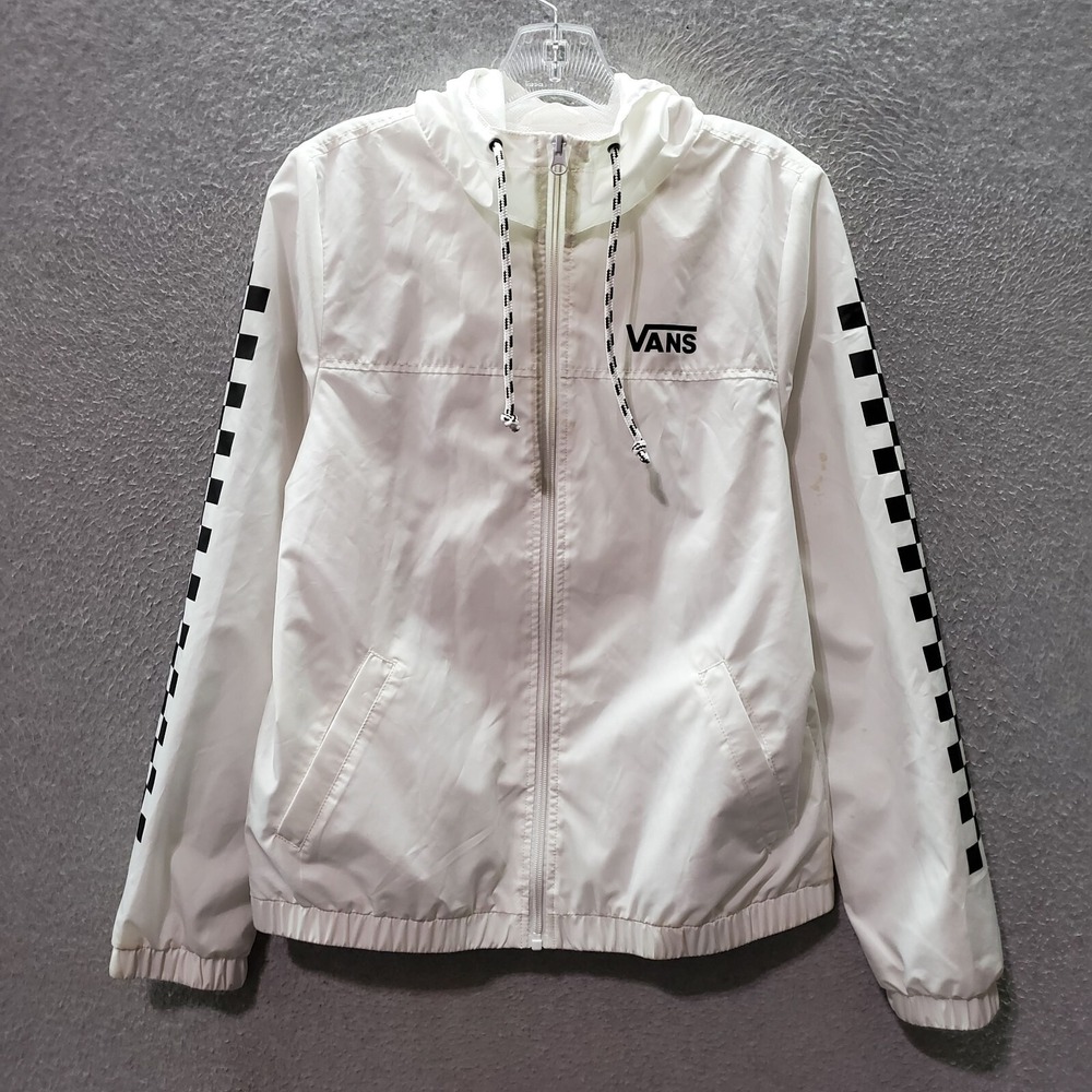 VANS Women Jacket Small White Windbreaker Hooded Check Drawstring Full Zip READ